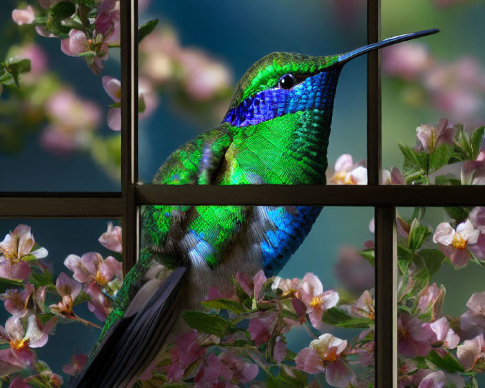 Colorful hummingbird with pink blossoms on window frame
