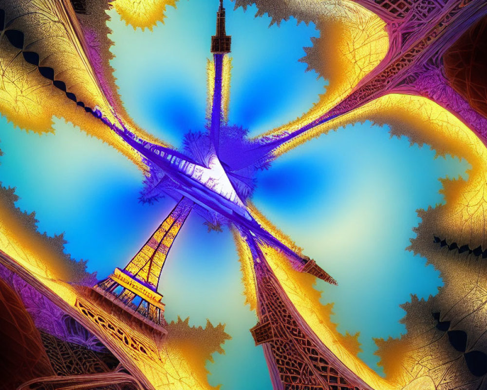 Fractal Eiffel Tower in Blue and Gold: Surreal Kaleidoscopic Art