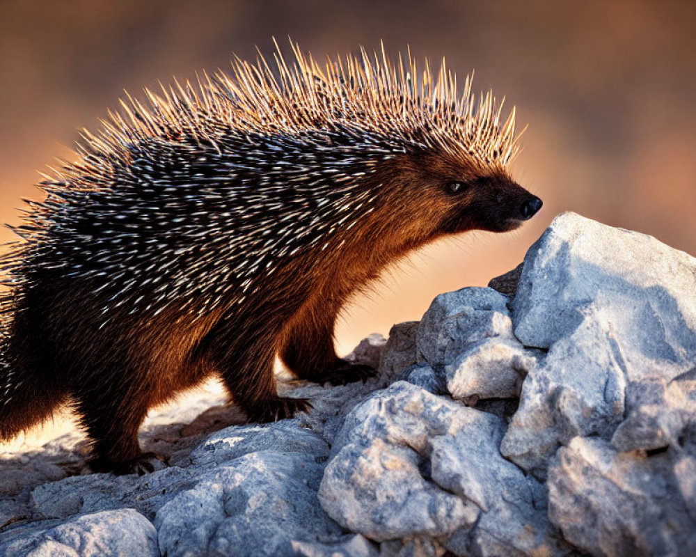 Porcupine with sharp spines navigating rocky terrain at golden hour