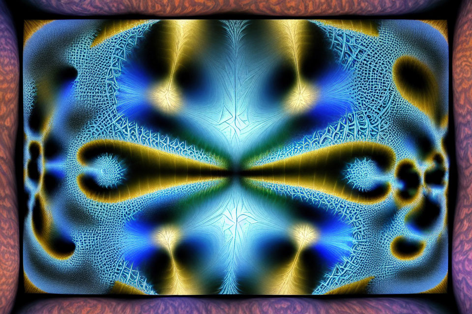 Symmetric fractal image with blue, gold, and black patterns in purple frame
