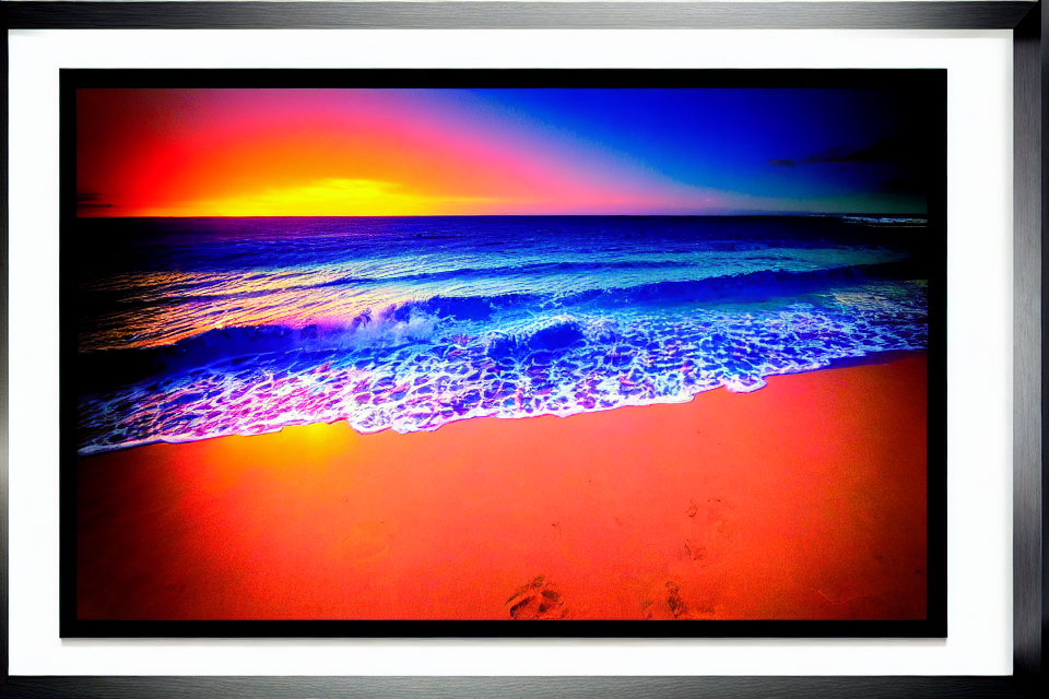 Digitally altered beach scene: vibrant sunset, blue waves, red shore, multicolored sky