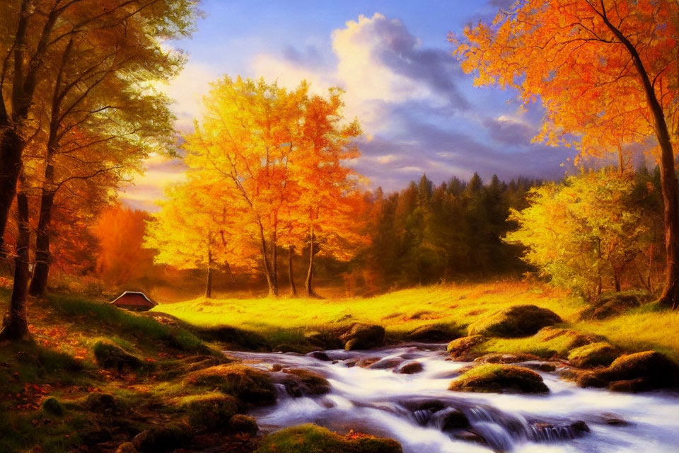 Tranquil autumn landscape with stream and vibrant trees