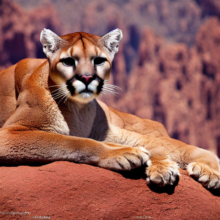 Majestic puma resting on rocky outcrop against red background