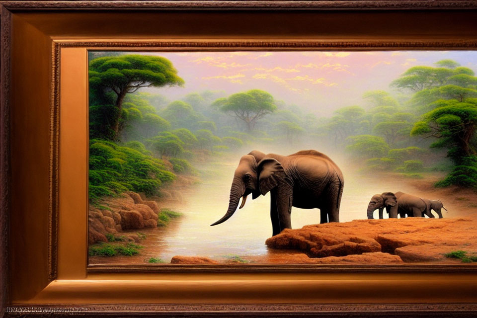 Elephant and Calf in Savanna Painting with Green Trees and Waterhole