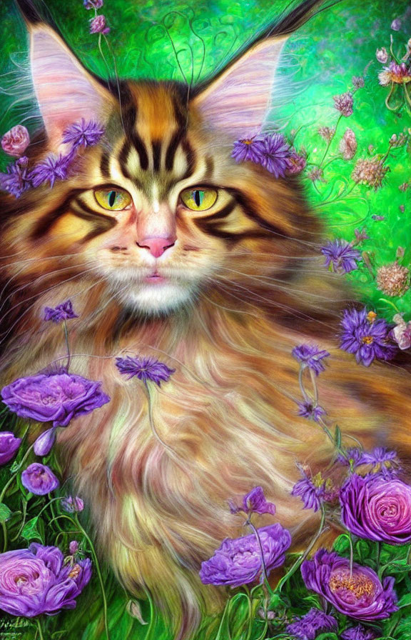 Majestic cat illustration with green floral backdrop
