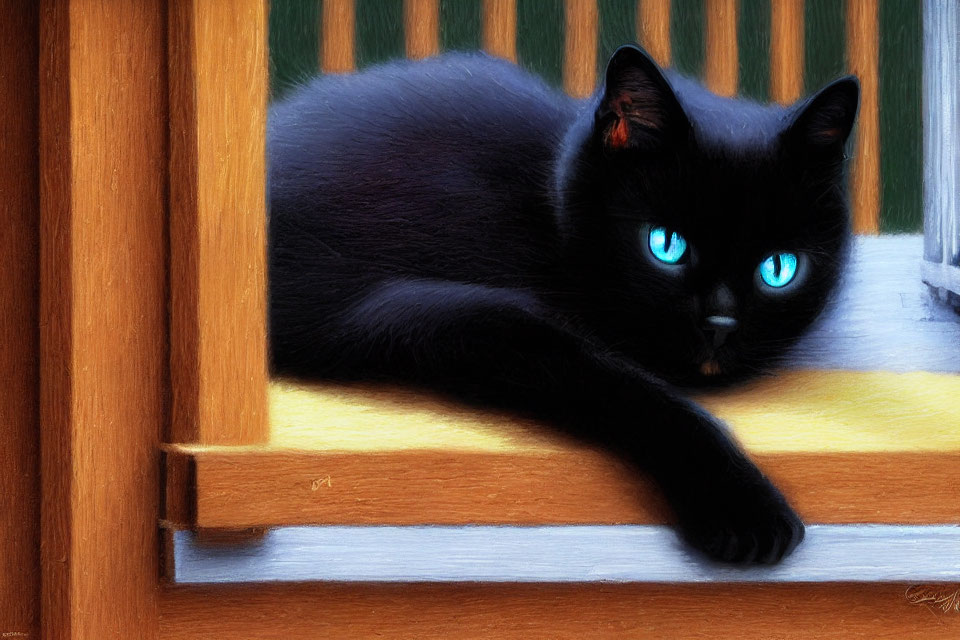 Black Cat with Striking Blue Eyes Resting by Wooden Window