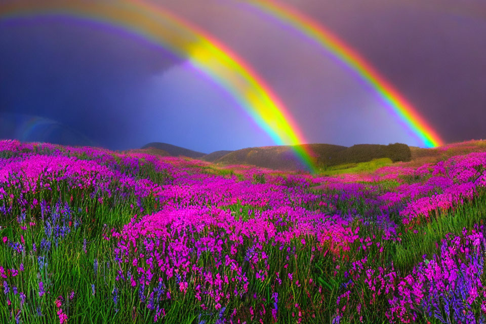 Double rainbow over purple wildflowers and green hills under dramatic sky