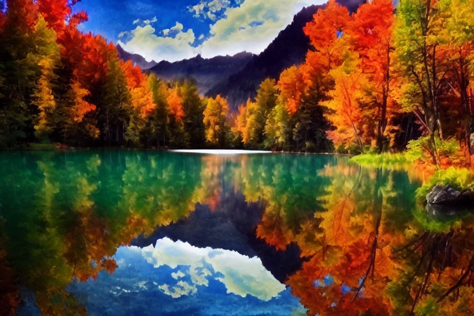 Tranquil autumn lake with colorful trees and mountain backdrop