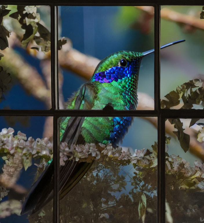 Colorful hummingbird and flowers outside window with grid in blue and green hues.