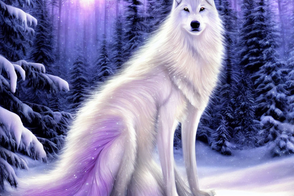 Majestic white wolf in snowy forest with purple glow