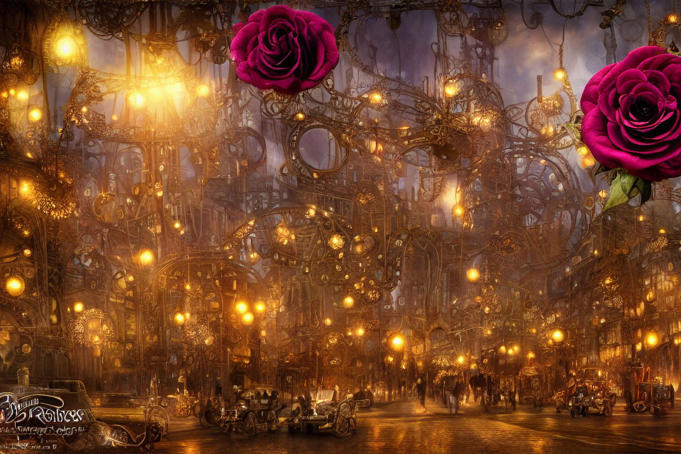 Intricate Steampunk Street with Metal Arches, Glowing Lamps, Roses, and