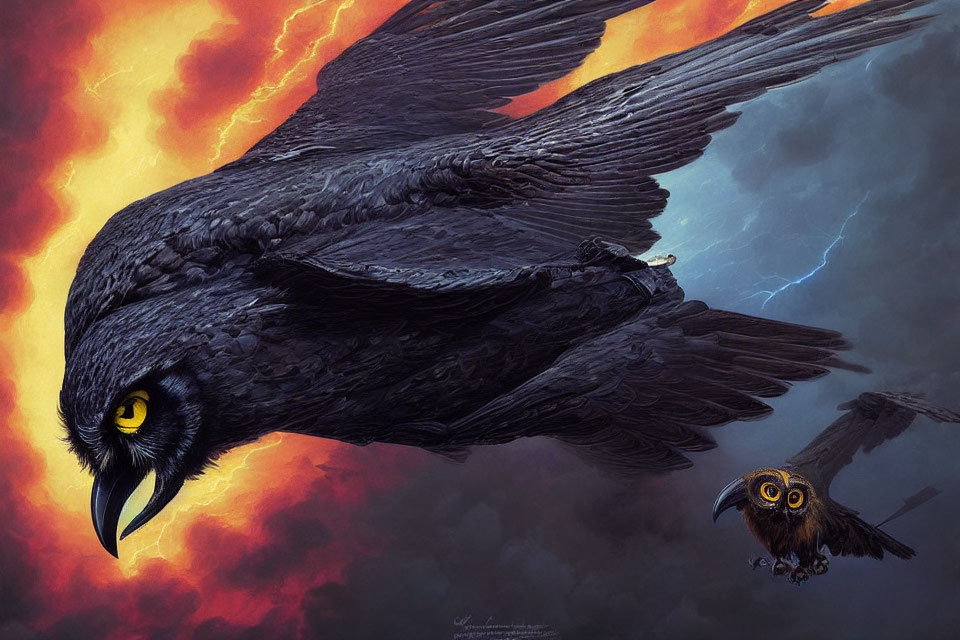 Dramatic illustration: Massive black raven and owl in flight under stormy sky