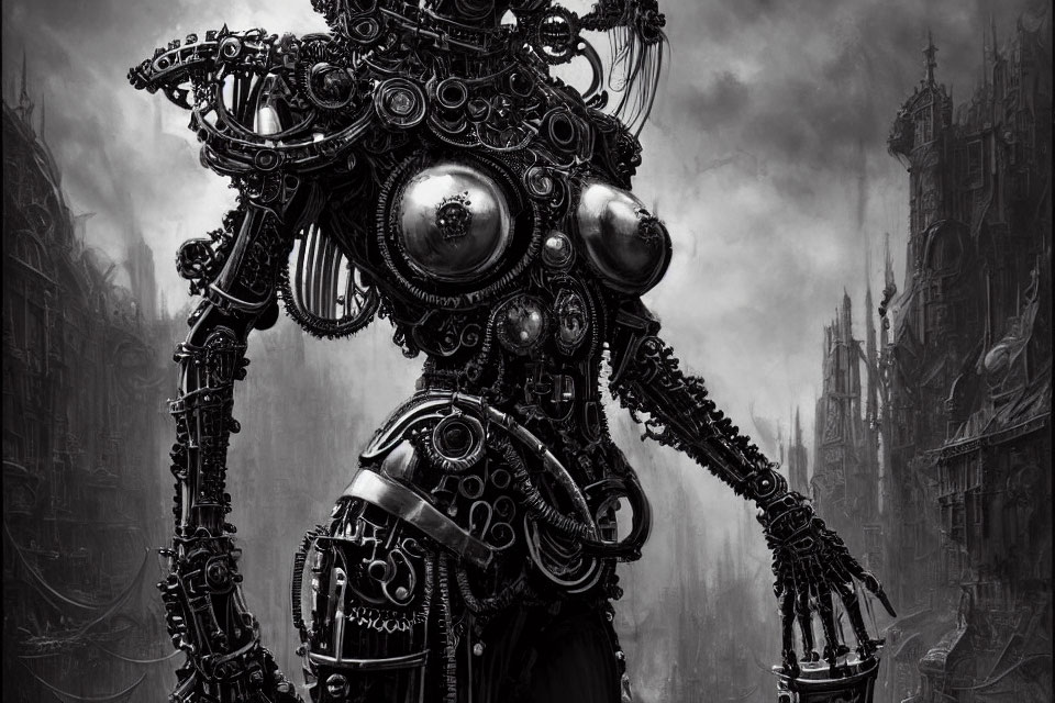 Detailed black and white mechanical robot against gothic architecture