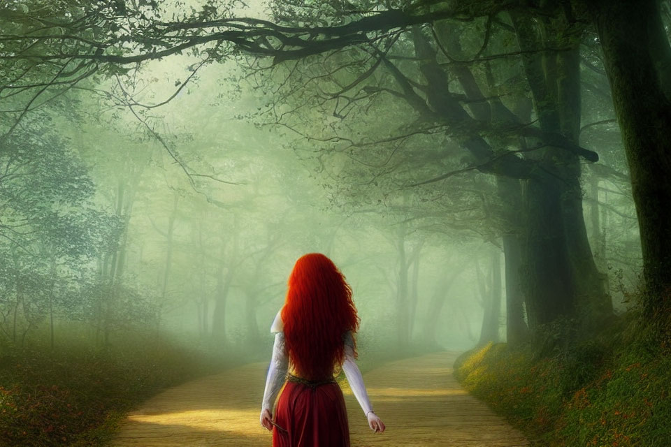 Red-haired person walking in misty forest among green trees