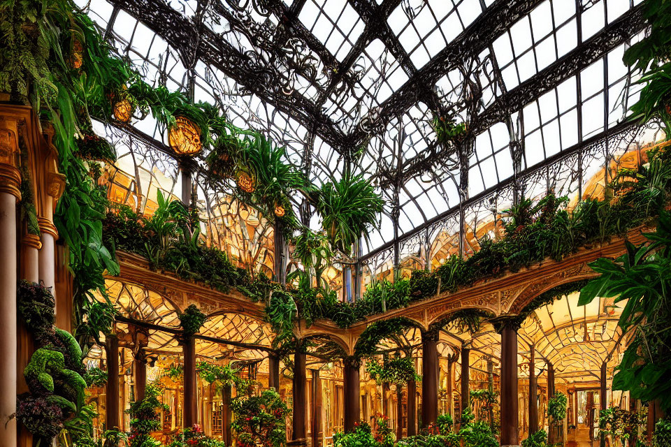 Luxurious Glasshouse with Greenery, Metalwork, Hanging Planters, and Golden Lighting