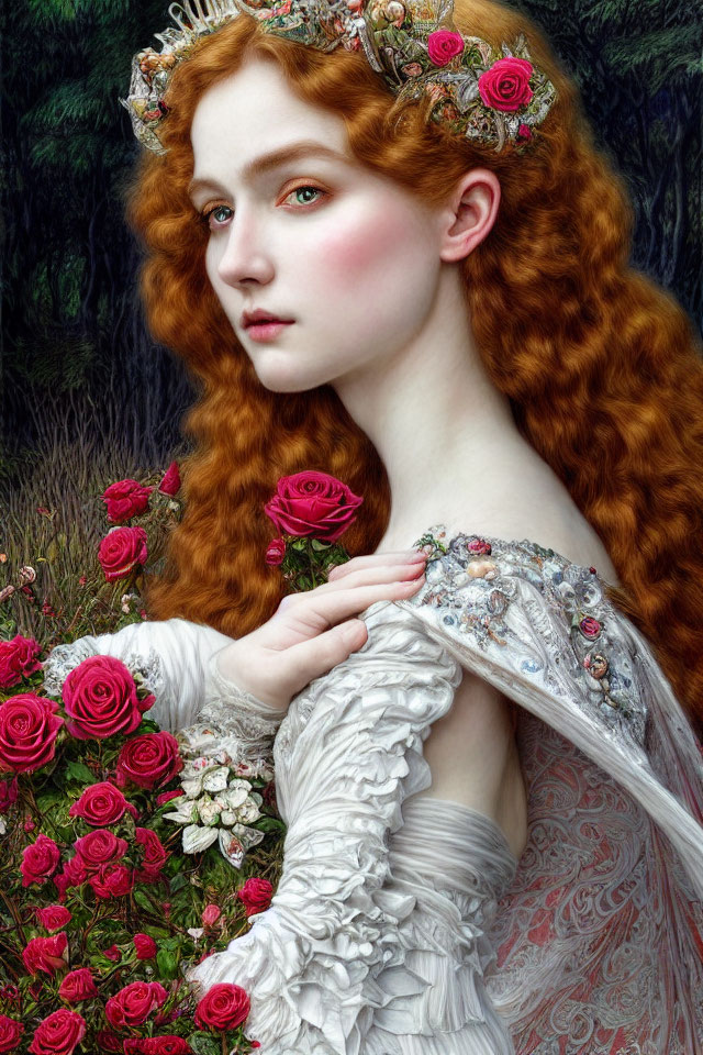 Red-haired woman in white gown with rose crown and bouquet in forest setting