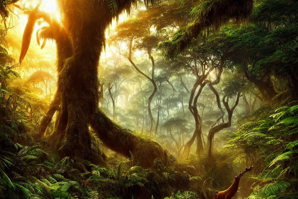 Sunlight filtering through dense green forest with moss-covered trees and lush ferns