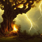 Twisted ancient tree in moody forest under lightning storm