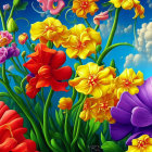 Colorful Stylized Flower Illustration on Blue Background