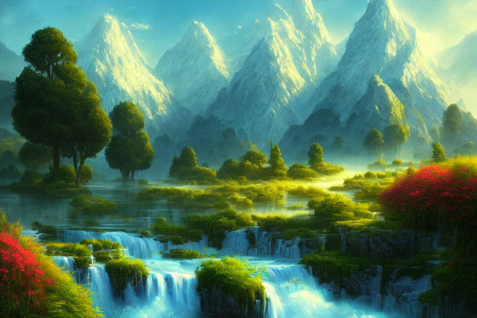 Scenic landscape with waterfalls, river, mountains, and flora at dawn