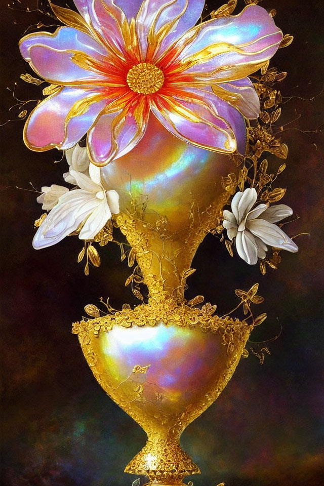 Colorful digital artwork of golden chalice with flowers on dark background