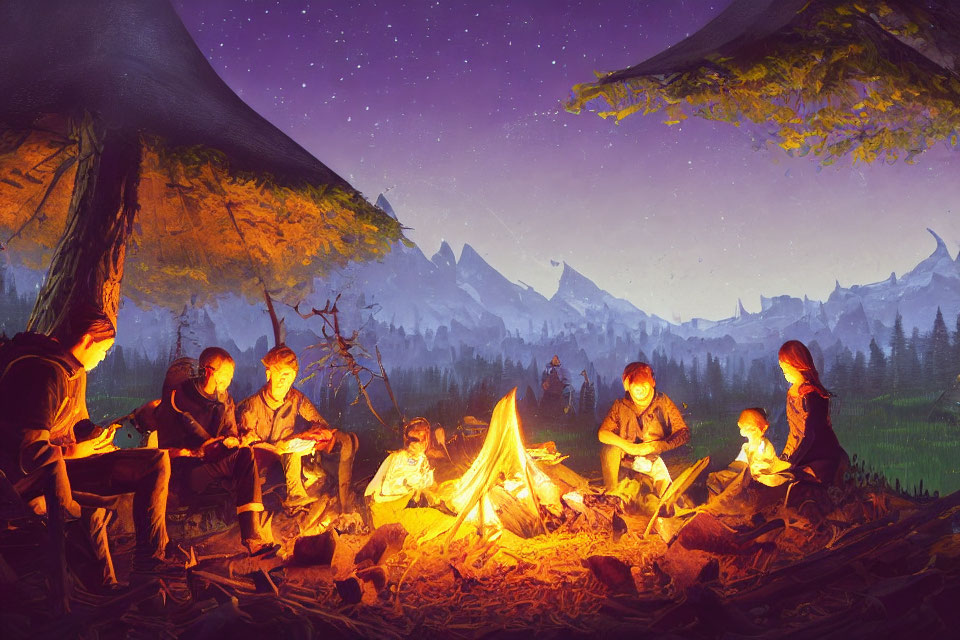 Group of People Around Campfire in Forest Clearing at Night