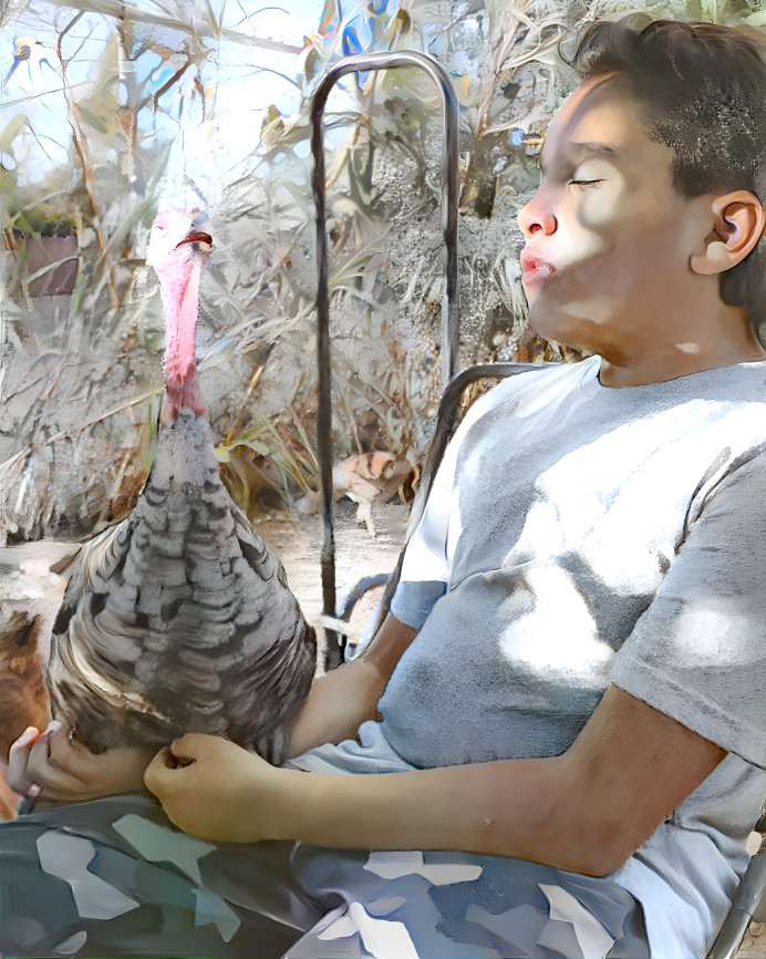 Turkey and boy taking to meditation