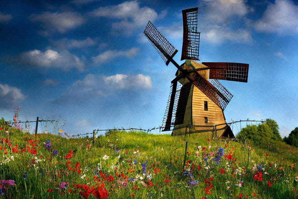 Traditional Windmill on Blooming Hillside with Wildflowers and Blue Sky