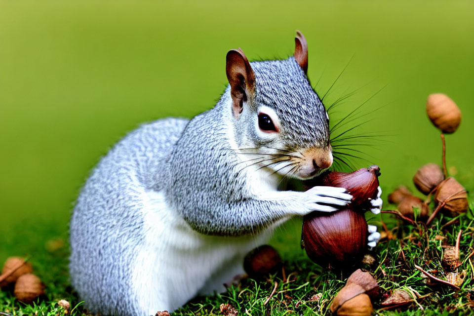 Gray squirrel with chestnut surrounded by nuts on grass
