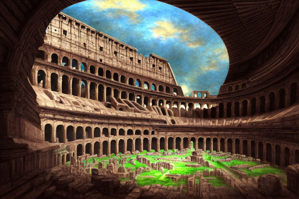 Ancient Roman Colosseum interior with blue skies and green grass, sunlit ruins and grand