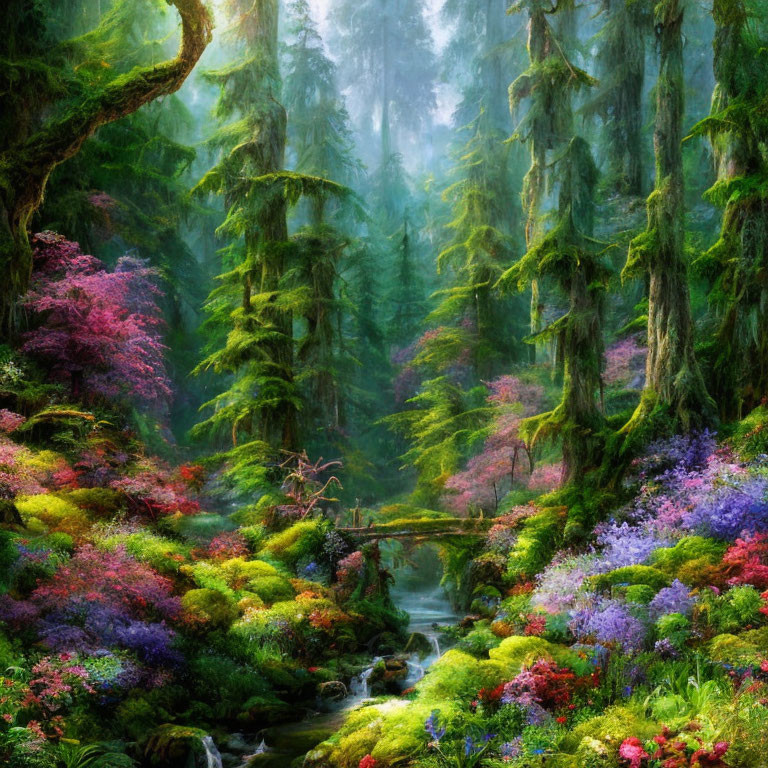 Moss-covered trees, colorful flowers, stream in enchanted forest