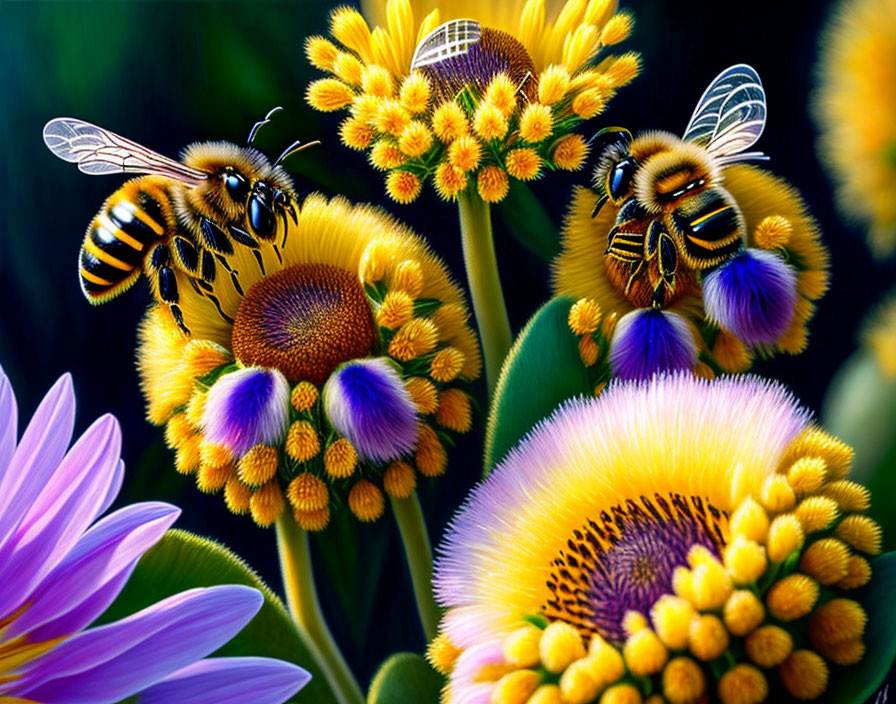 Honeybees fly over flowers