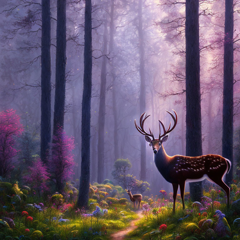 Majestic stag with prominent antlers in mystical forest with purple hues