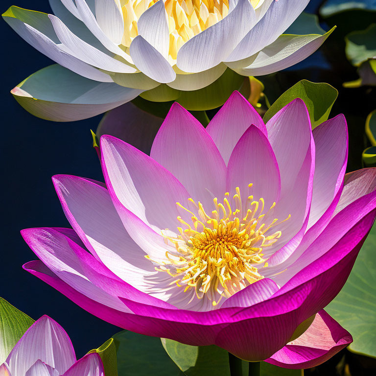 Detailed close-up of vibrant pink and white lotus flower with stamens and petals against green leaves