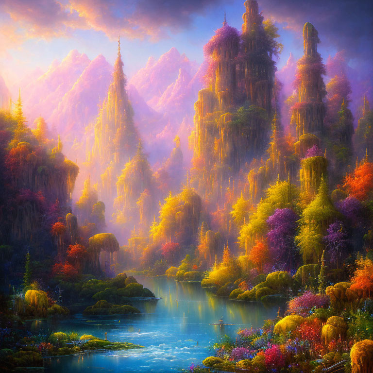Serene River, Colorful Foliage, Lush Mountains: Mystical Landscape