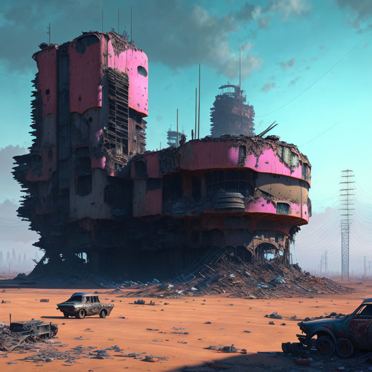 Abandoned futuristic buildings in desert wasteland