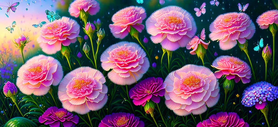 Digital art: Blooming flower garden with butterflies in pink and purple hues