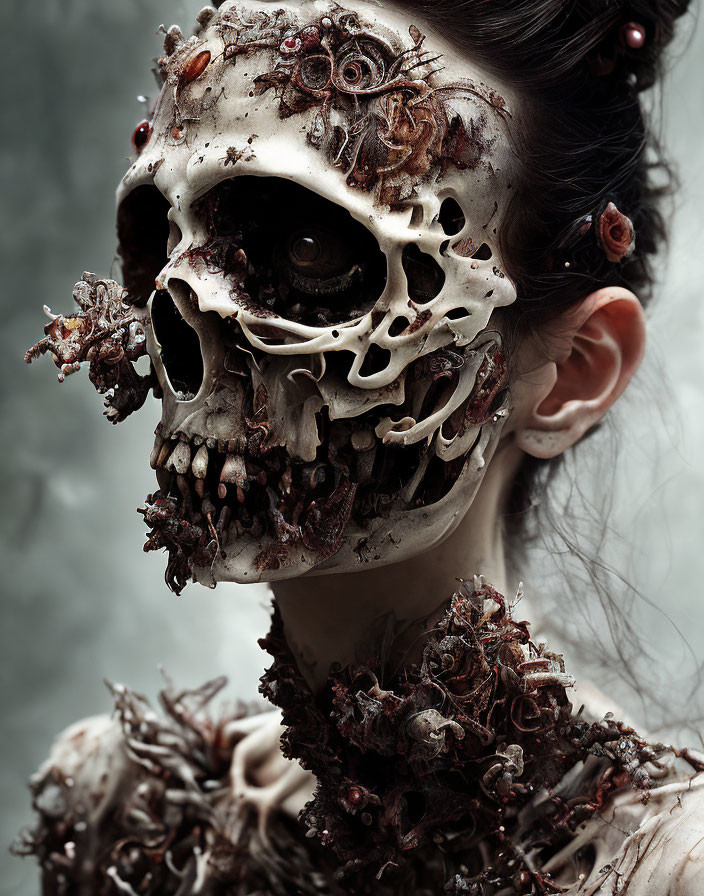 Skull-like face with twisted textures and dark flowers