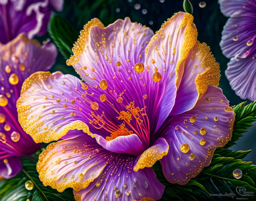 Vibrant purple hibiscus flower with water droplets on petals and stamen against dark