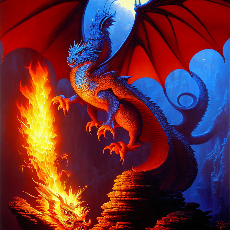 Colorful Orange Dragon Breathing Fire on Rocky Spire