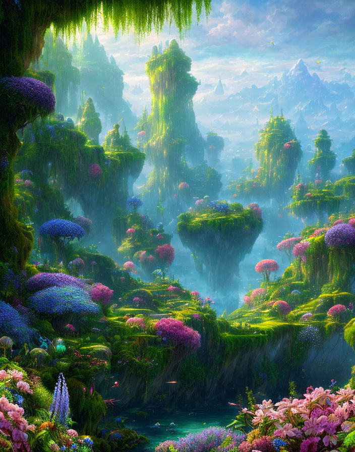 Fantasy landscape: Towering green cliffs, vibrant flora, mist, serene water