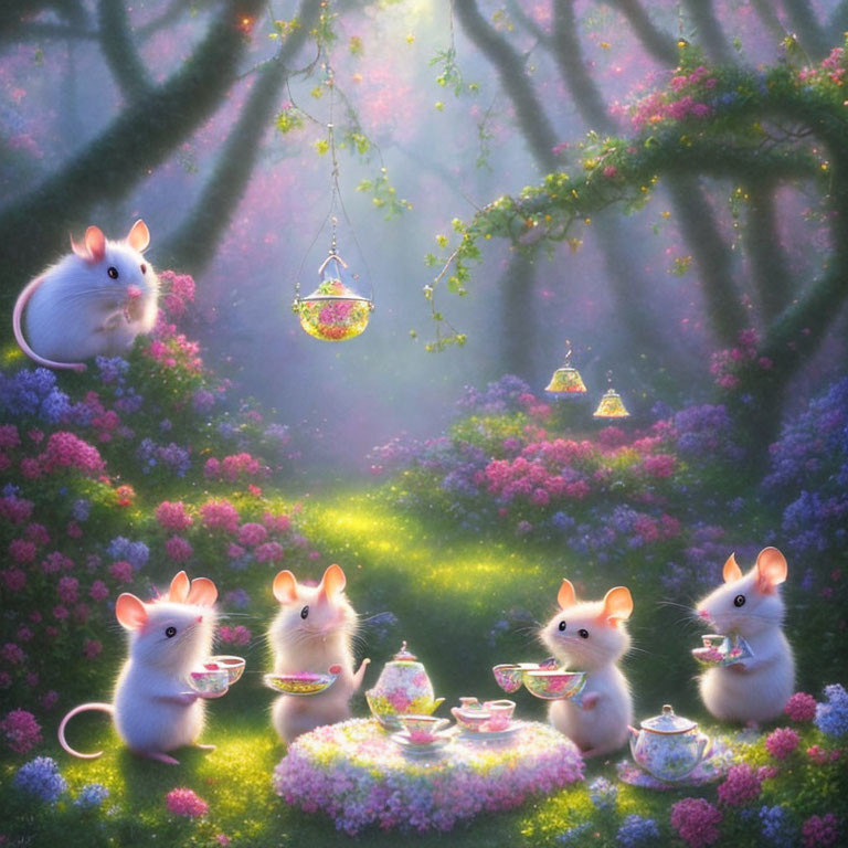 Enchanted forest tea party with whimsical mice and colorful flowers