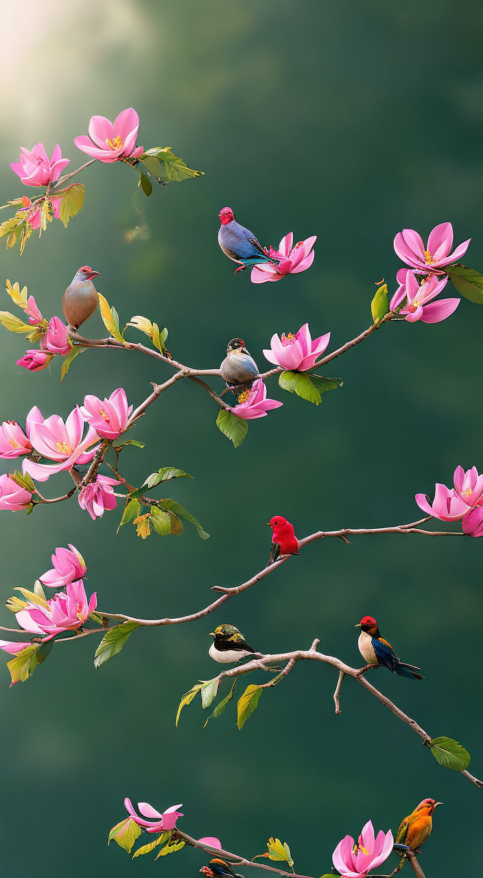 Beautiful birds perch on blooming tree