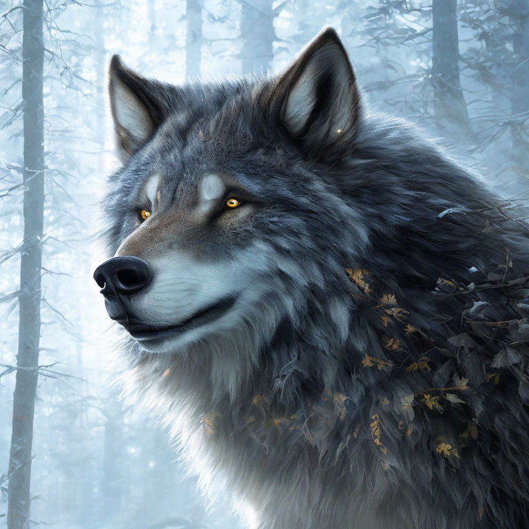 Detailed illustration of wolf with yellow eyes and leaf-covered coat in winter forest.