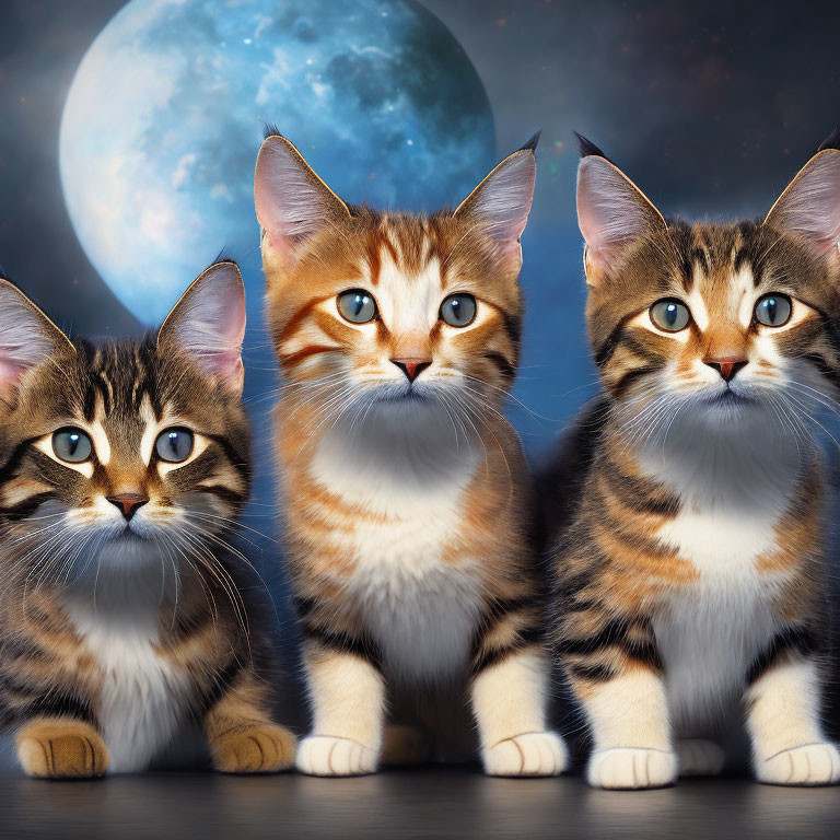 Three adorable kittens under a full moon with captivating eyes