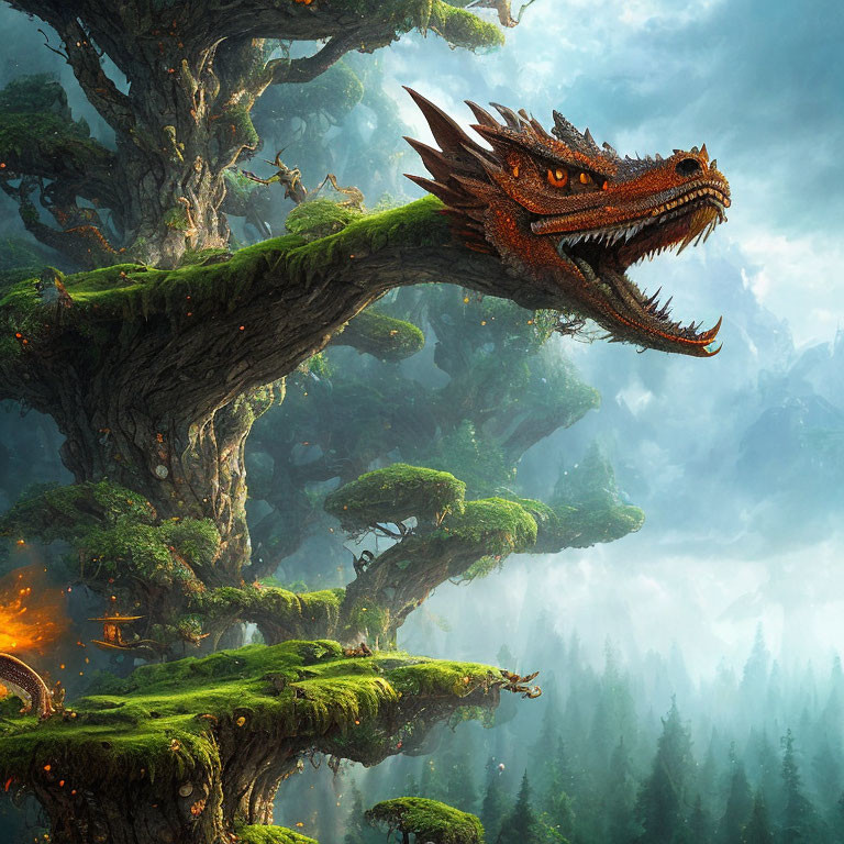 Red-scaled dragon merges with ancient tree in misty forest