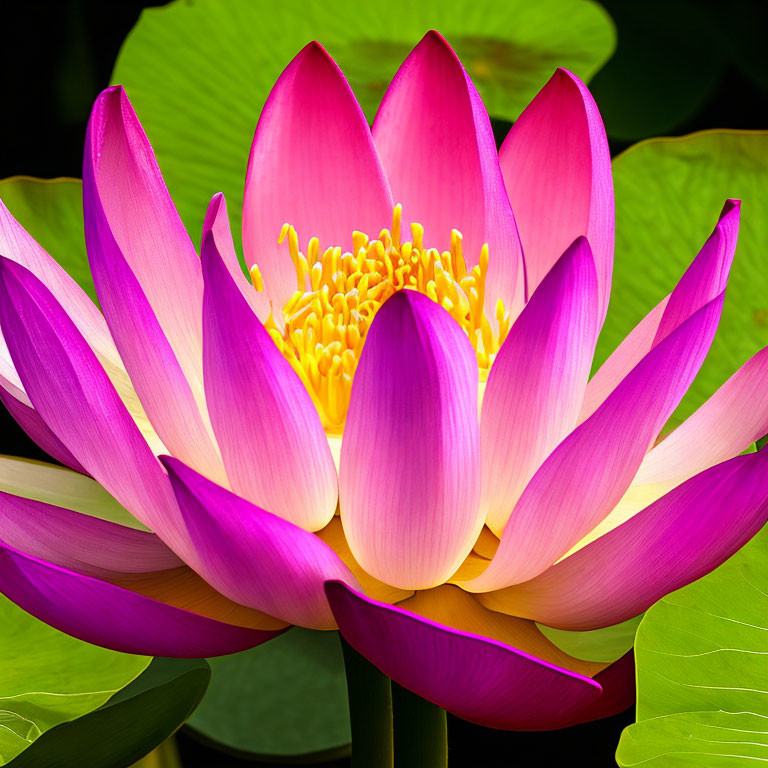 Colorful Pink and Purple Lotus Flower with Yellow Center on Dark Green Leaves