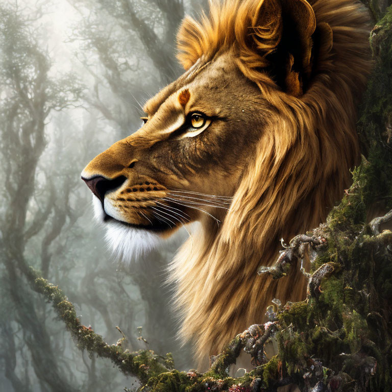 Majestic lion head blends with misty forest in symbolic image