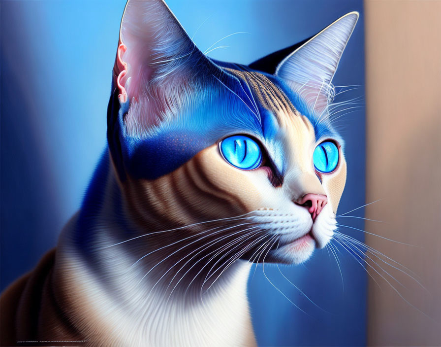 Digitally enhanced cat image with exaggerated blue eyes and vibrant fur colors on smooth background