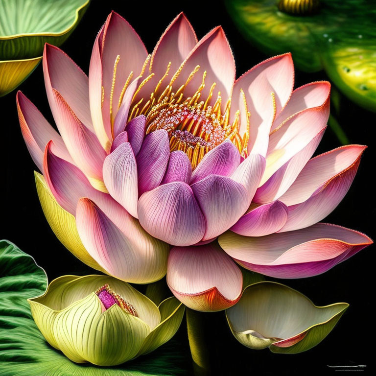 Detailed pink and white lotus flower digital art against dark green leaves